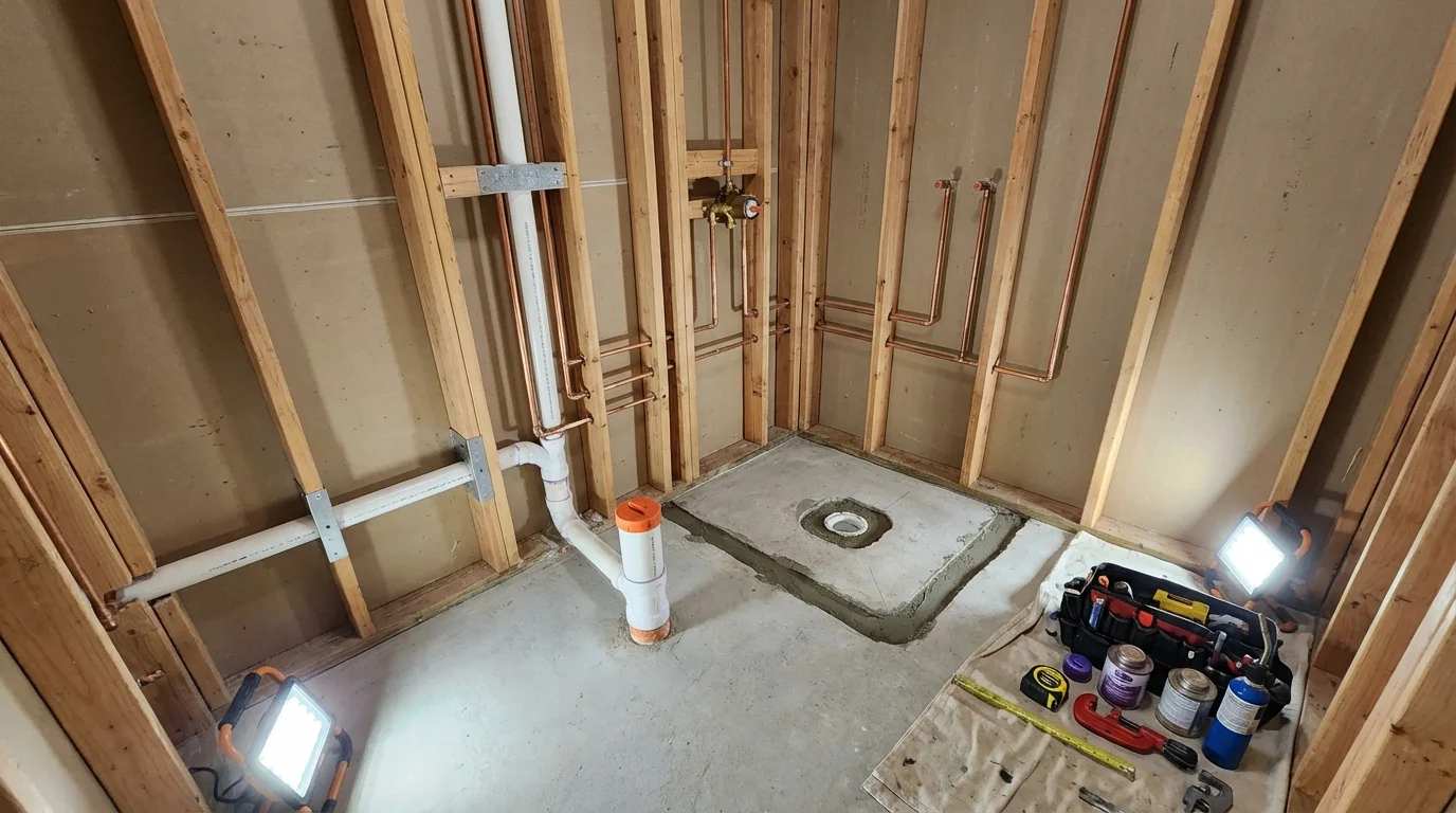 Bathroom rough-in plumbing during remodel by Johns Plumbing LLC in Saint Jo
