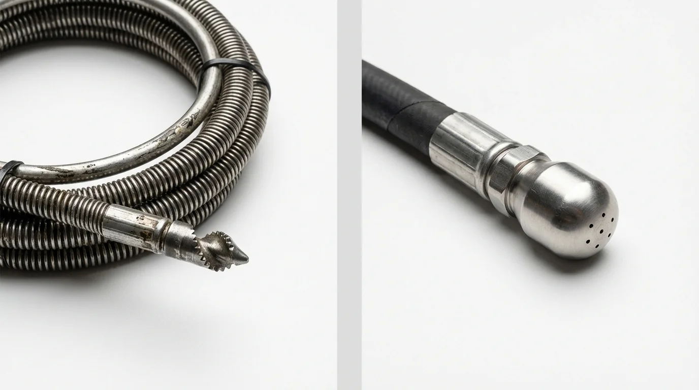 Drain snake cable and hydro jetting nozzle used for drain cleaning in Saint Jo, TX