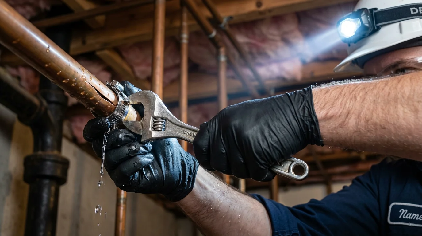 Emergency pipe clamp repair being performed by a Johns Plumbing LLC plumber in Saint Jo