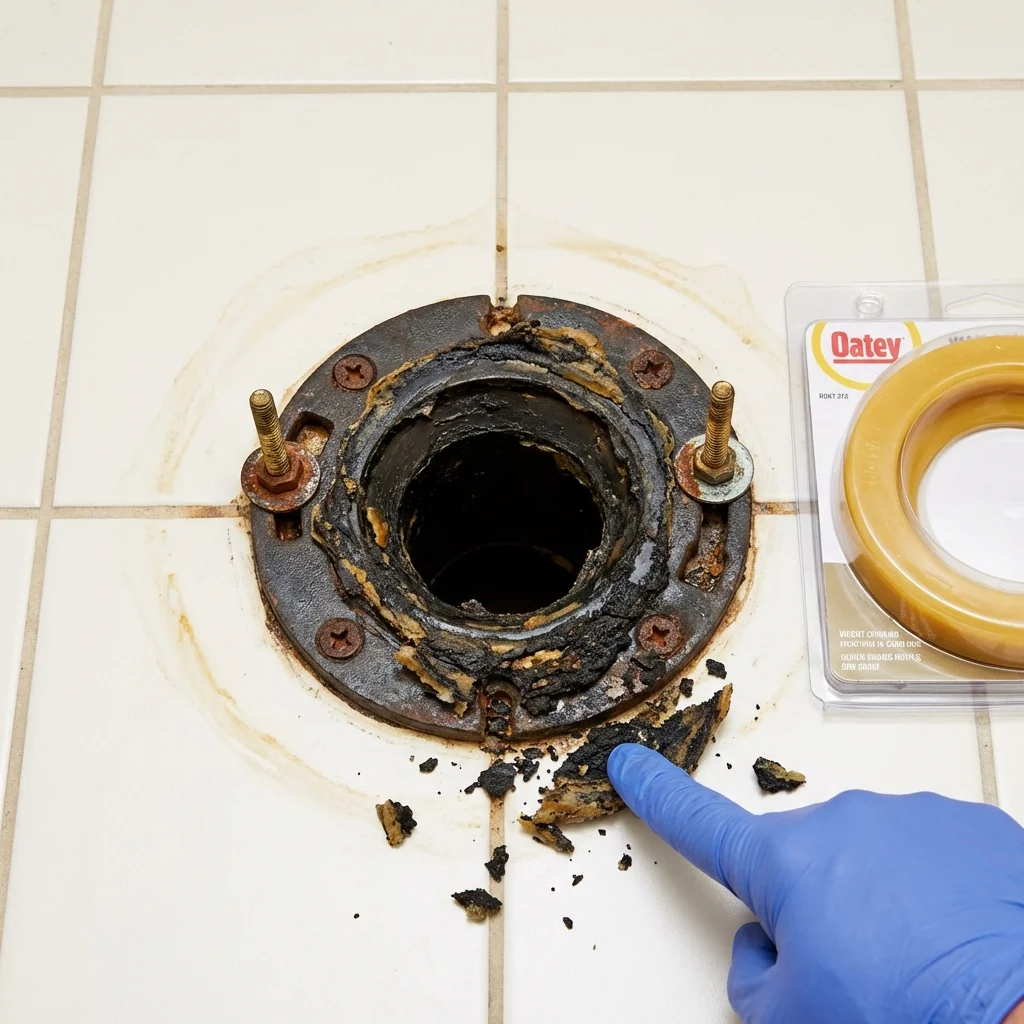 Failed wax ring showing water seepage at the base of a toilet in a Saint Jo, TX home