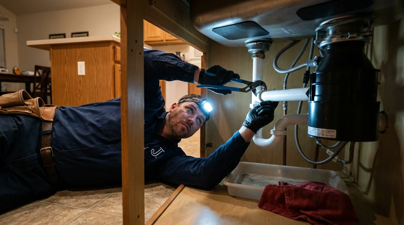 P-trap and supply line connections under a kitchen sink showing a common leak point in Saint Jo, TX